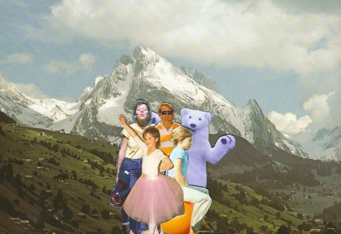 Découpage, collage de personnes et d'un ours, sur le paysage d'une montage suisse.