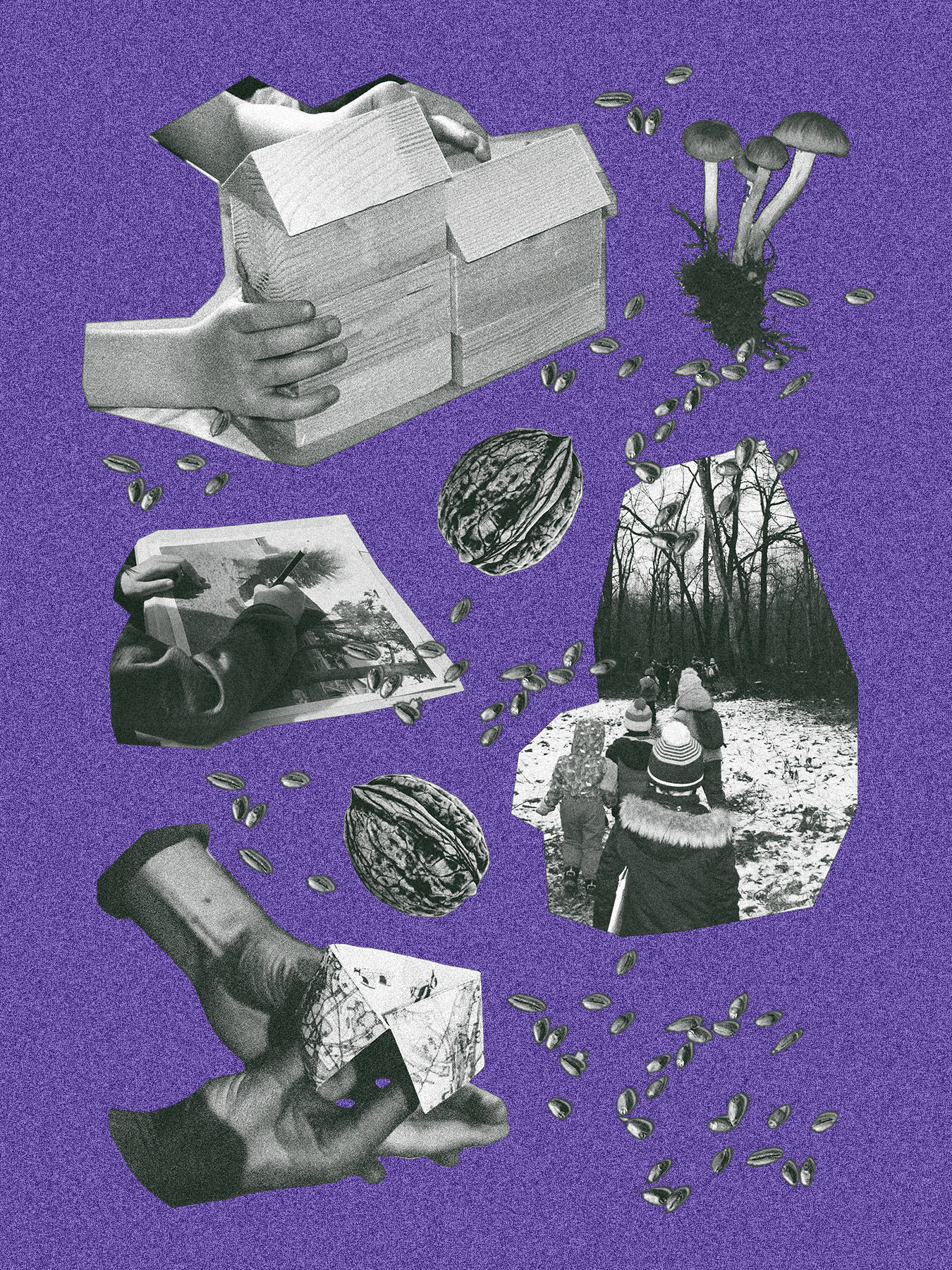 Sur fond violet découpage et collage d'objets et de photos en noir et blanc